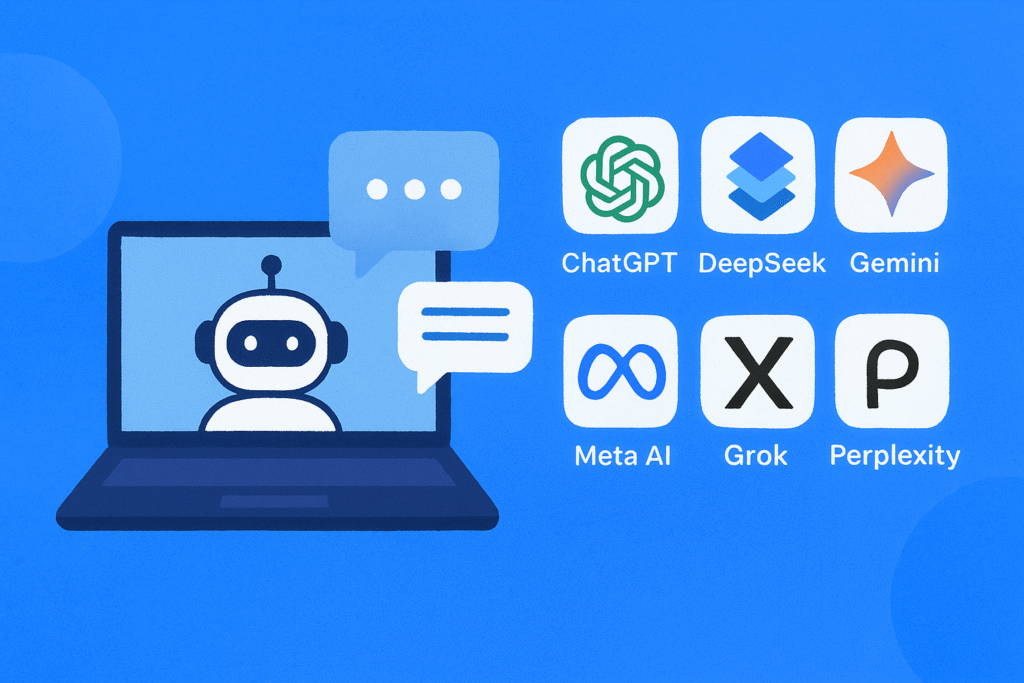 “Illustration of AI chat online with different chatbot logos on a laptop screen