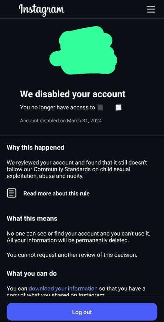 Instagram disabled account notice after policy violation