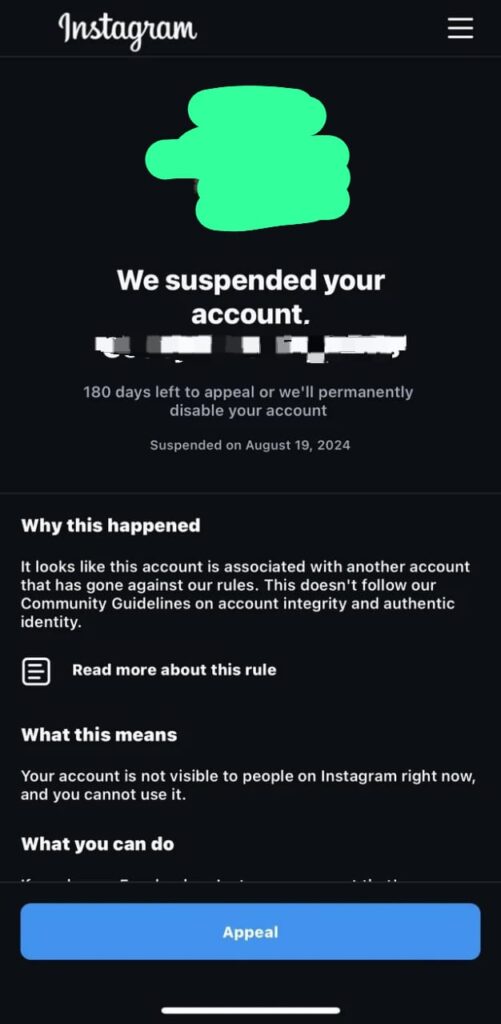Instagram suspension notice with 180-day appeal option